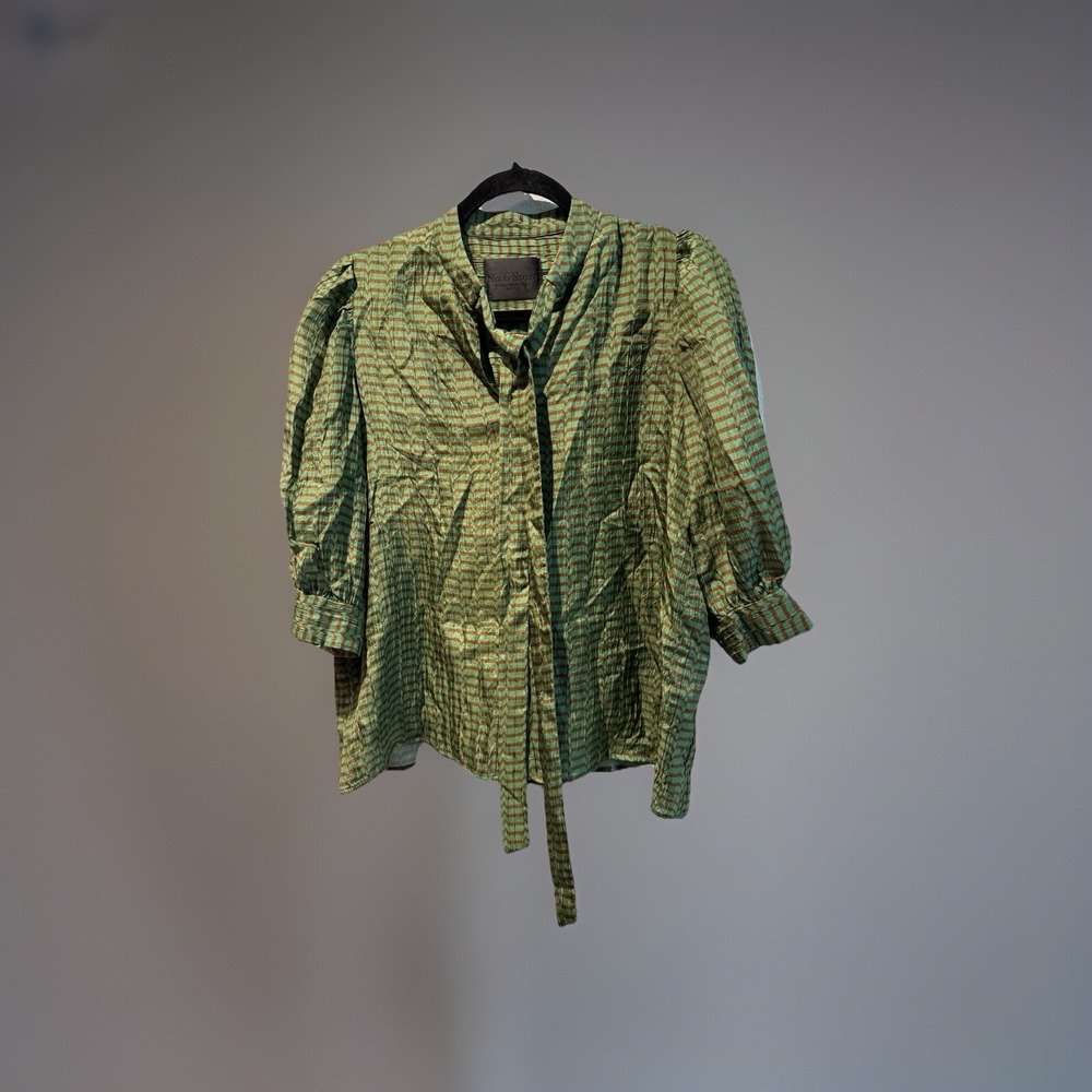 No. 6 Store Women's‎ Stripe Tie Neck 3/4 Sleeve Blouse Green Size 0 Silk Blend